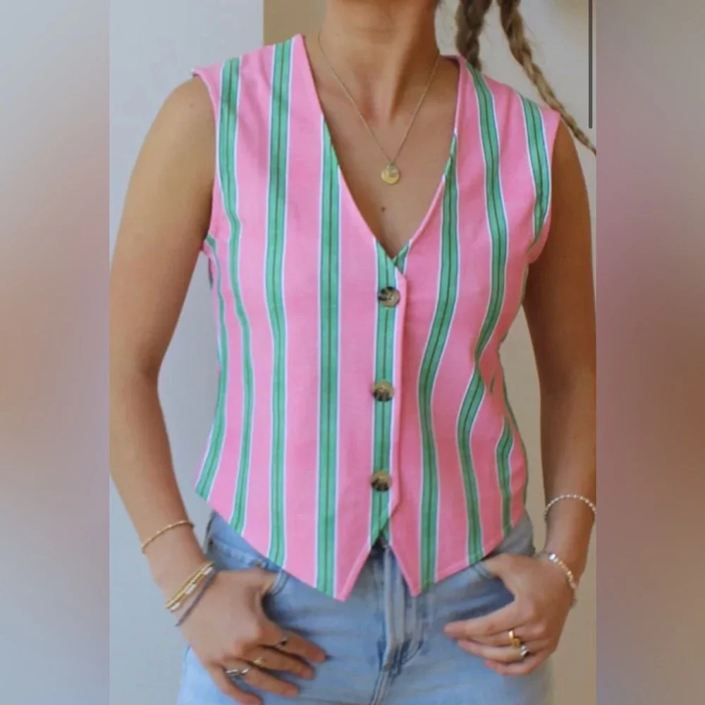 Chic Pink and Green Striped Button Down Sleeveless Top - Picture 1 of 1